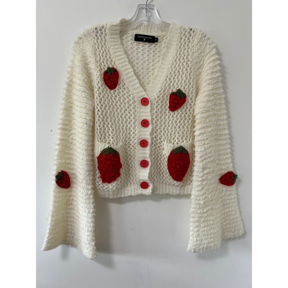 Cloud Season Strawberry Crochet Cardigan Women S White Bell Sleeve Cottagecore